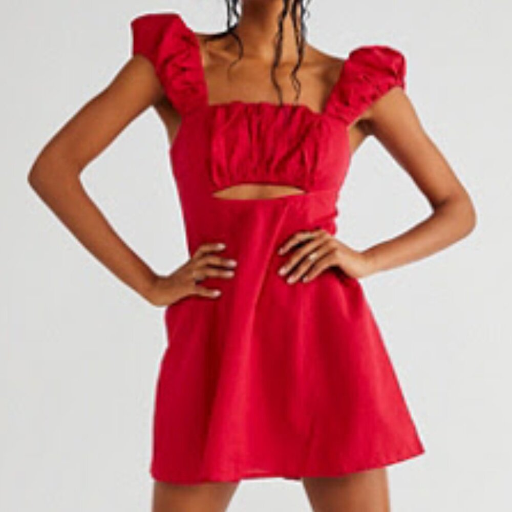 NWT Free People Bom Bom Island Cut Out Mini Dress in Red Ribbon - Size Medium